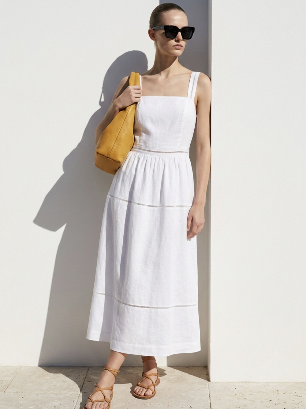 Lucky Brand White Square-Neck Linen Blend  Midi Dress with Yellow Tote